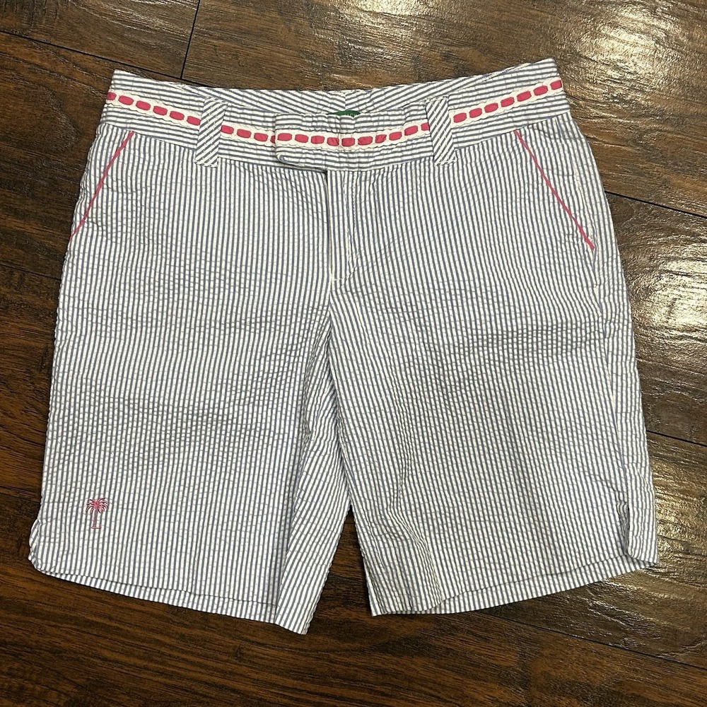 Lilly Pulitzer Striped Seersucker Shorts with Pink Palm Tree, Women's Size 6